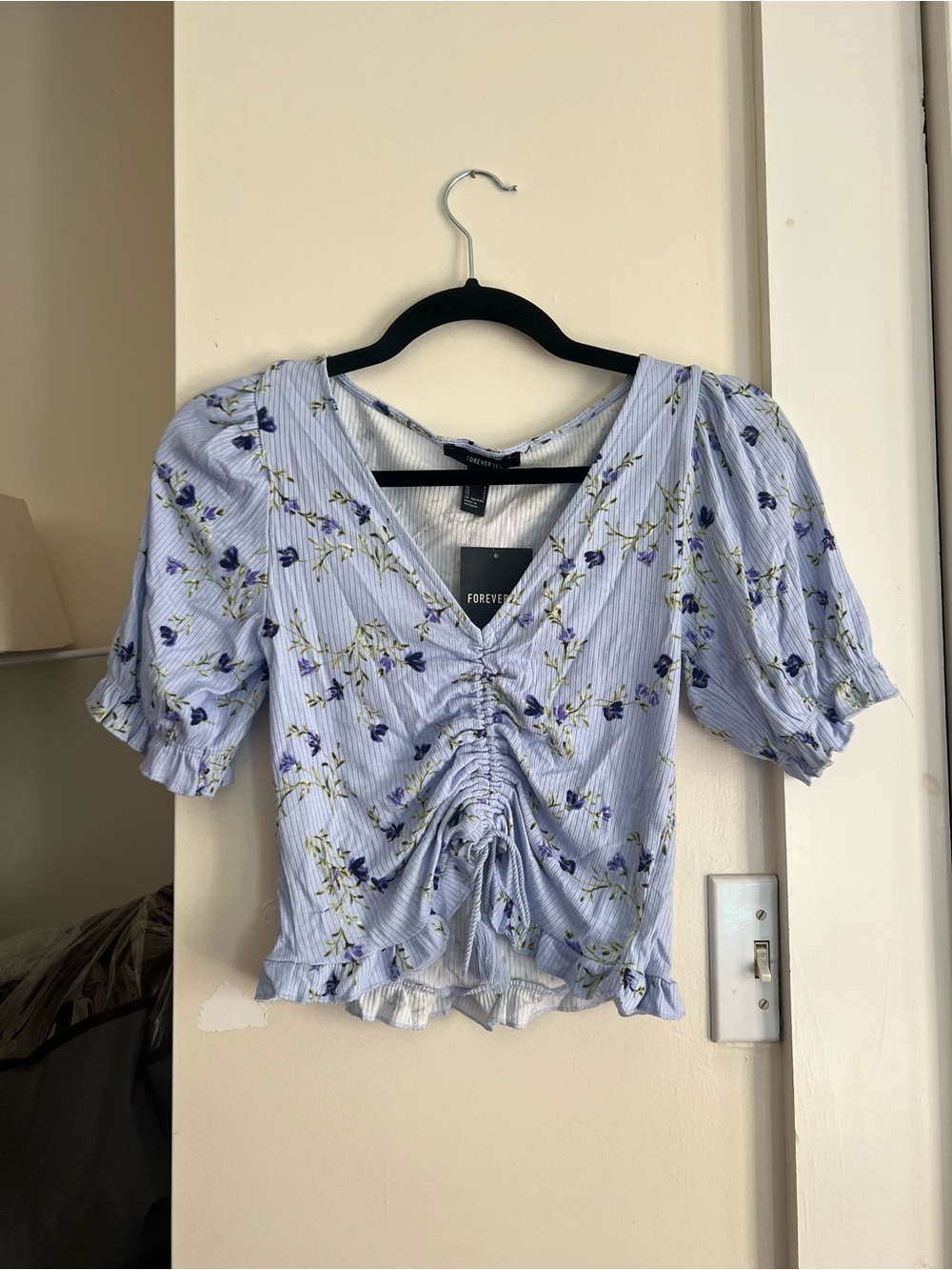 Light Blue Floral Ruched V-Neck Top